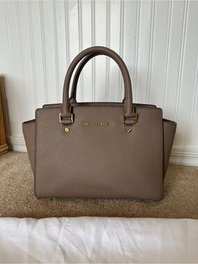 Michael Kors Taupe Saffiano Satchel with Gold Hardware
